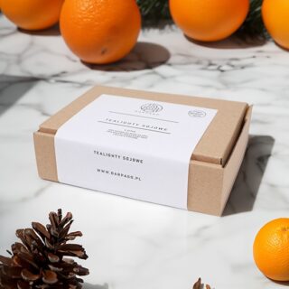 Podgrzewacze zapachowe zapakowane w kartonie z etykietą, w tle leżą pomarańcze, goździk i szyszka.